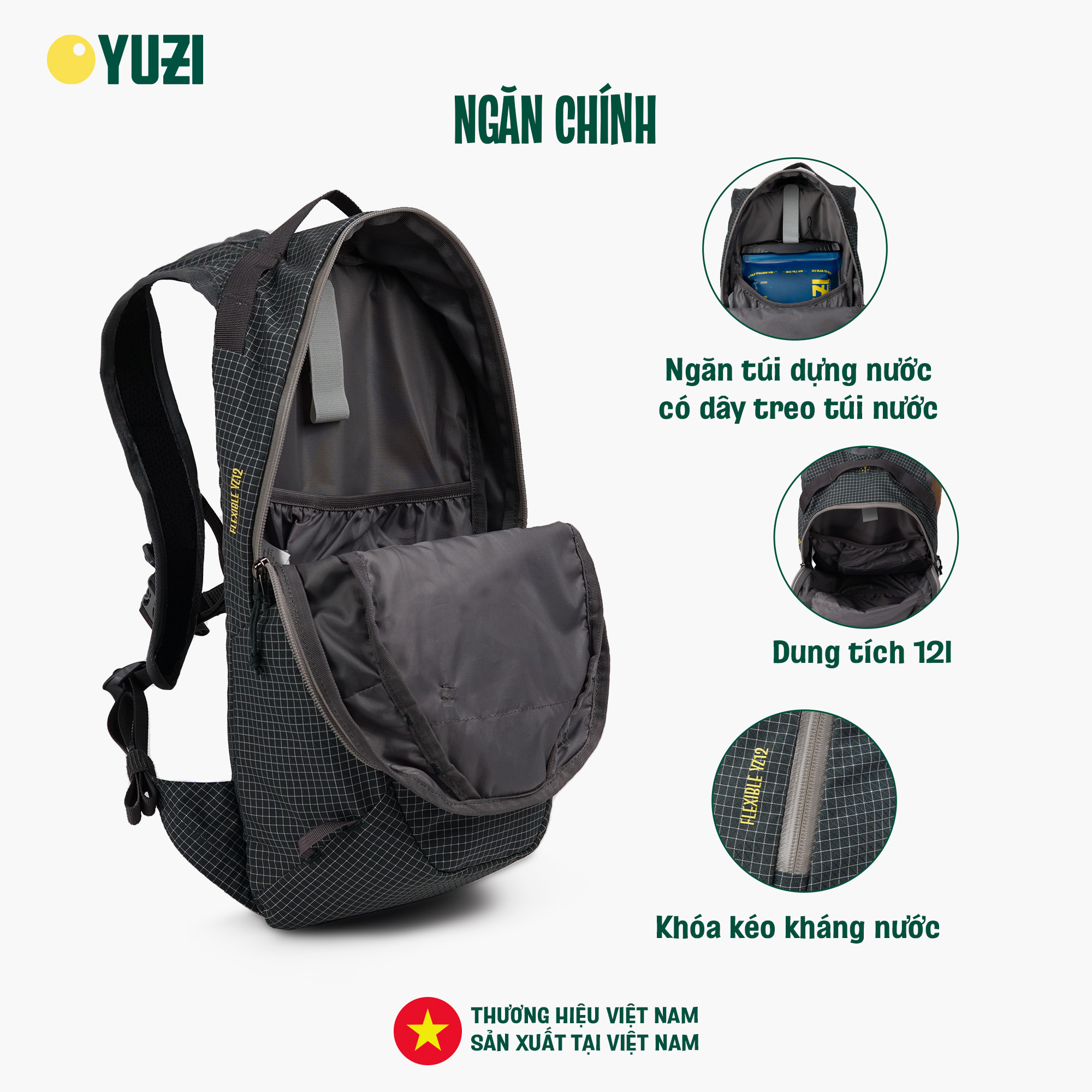 Balo leo núi trekking Việt Nam dung tích 12 lít Yuzi Flexible YZ12